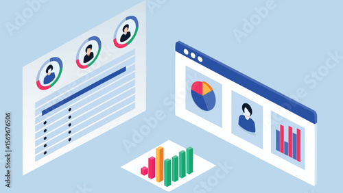 Isometric view of data dashboards with charts and user profiles for business analysis and reporting