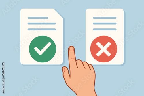 Approval and rejection interface concept. Hand choosing between approve or deny document. Digital workflow, decision making, business automation, validation, yes no choice vector.