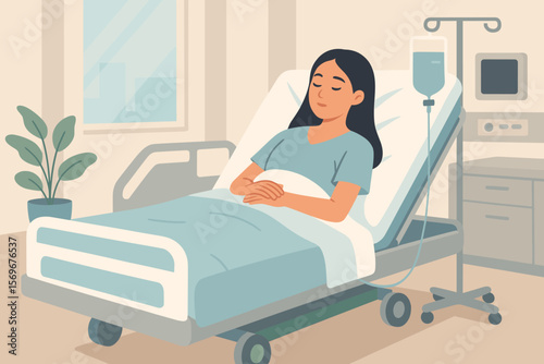 Asian woman patient lying in a hospital bed recovering. Hospitalization concept for medical care and healthcare. Sick person getting treatment. Modern flat vector illustration.