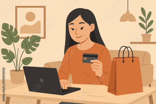 Woman shopping online with laptop and credit card. E-commerce, internet store, online payment concept. Female customer making purchase from home. Fintech. Vector illustration.