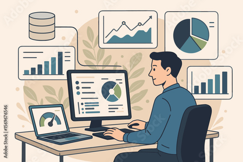 Data analyst at computer with business analytics dashboard. Man working on report with KPI and metrics from database. Corporate strategy and data management system concept.