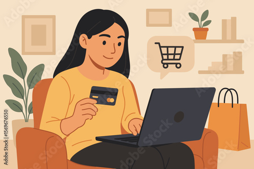 Young Asian woman making online payment using laptop for shopping at home. E-commerce concept. Female character with credit card buying on internet. Flat vector illustration.