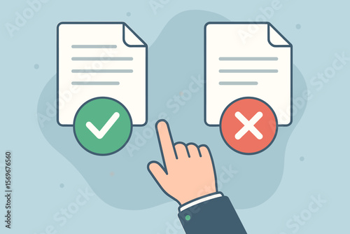 Approval and rejection concept. Hand makes a choice between an approved document with a green check mark and a rejected file with a red cross. Business decision making and digital workflow.