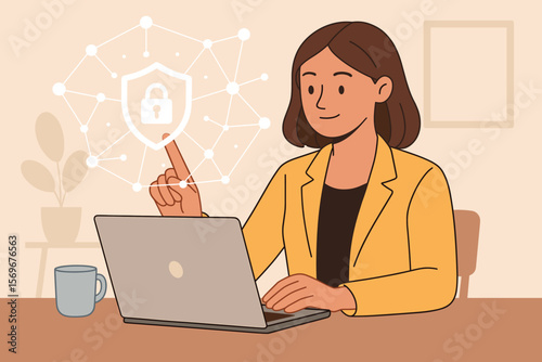 Businesswoman at laptop, managing network security. Cybersecurity and data protection concept. Woman touching virtual screen with shield and lock icon for internet safety. Vector