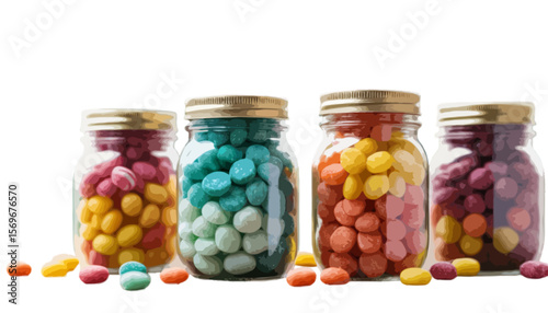 Three jars of colorful freeze dried candies on a table showcasing delightful candy variety isolated on transparent background