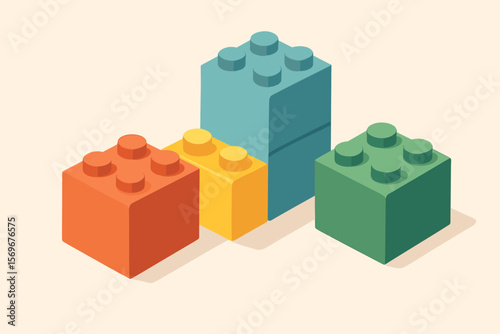 Building blocks chart. Colorful toy bricks arranged in a row like a graph. Isometric vector illustration for business data, growth, development, and financial progress concept.