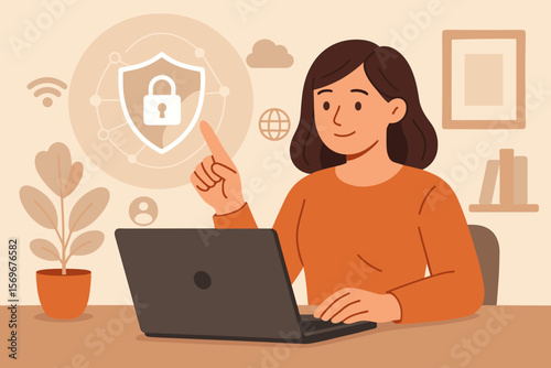 Cybersecurity and data protection concept. Businesswoman works on laptop selecting a security shield icon on a virtual interface. Internet privacy and network technology. Vector.