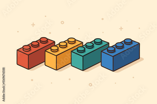 Colorful building blocks in a row. Toy constructor concept for development, learning, and creativity. Foundation and teamwork metaphor. Flat isometric vector illustration.