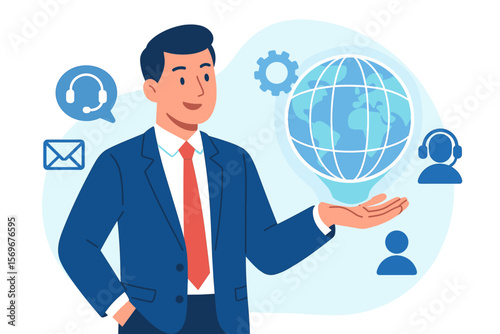 Businessman holding a digital globe hologram. Concept of global business services, online customer support, and digital technology. Quality relationship management and worldwide advice.