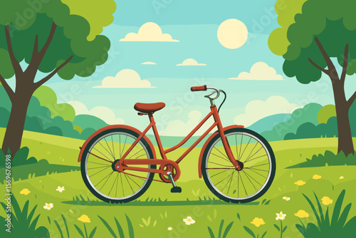Vintage red bicycle in summer meadow landscape, classic retro bike on green grass field with wildflowers, sunny day, cartoon vector illustration for greeting cards, postcards