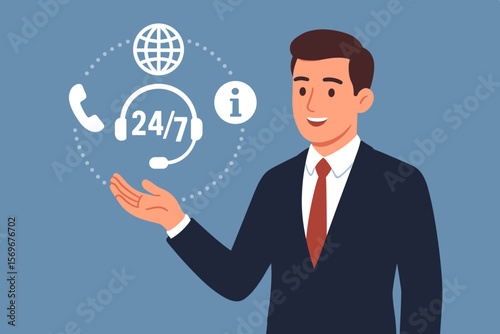 Businessman showing virtual 24/7 support services. Worldwide nonstop assistance and full-time contact. Customer care, call center, helpdesk and information concept.