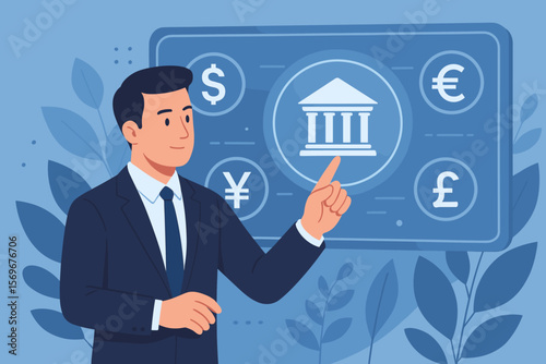 Businessman analyzing global currency on a virtual screen. Central bank, forex trading, and fintech concept. International money exchange with dollar, euro, pound, yen symbols.