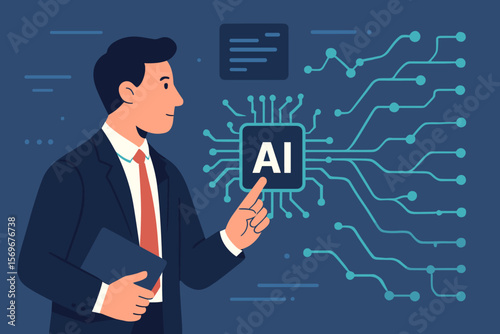 Businessman touching AI chip interface. Artificial intelligence concept for big data processing, automation, innovation, digital technology, business solutions, machine learning.