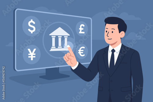 Businessman manages global finance, touching a virtual screen with central banking, international currencies: Dollar, Yuan, Pound, Euro for Forex & exchange.