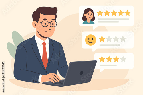 Businessman on laptop checking customer review feedback. Star rating system for online satisfaction evaluation. Concept for digital marketing, brand reputation, and user experience.