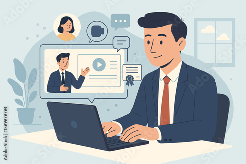 Businessman at laptop attending webinar for e-learning and professional development. Online education concept with man watching video lesson for certification or diploma vector.