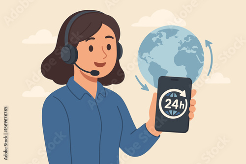 Call center operator with headset providing 24/7 worldwide customer support. Woman agent holding phone with 24h service icon for global nonstop assistance. Online helpdesk.