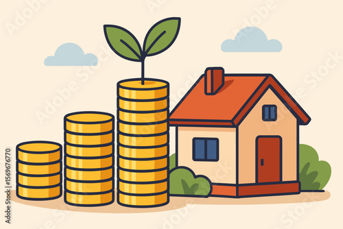Real estate investment concept. Saving money for a house. Growing coin stacks with plant sprout. Mortgage, property loan, finance. Home savings, budget. Flat vector cartoon.