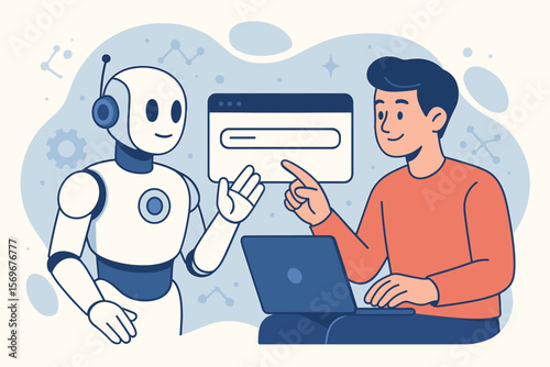 Man chatting with AI chatbot robot. Artificial intelligence assistant concept. User at laptop enters command prompt to generate content. Futuristic human-robot collaboration.