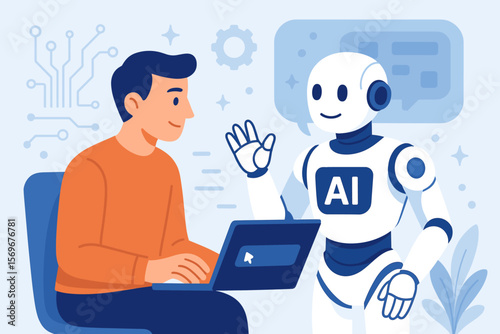 Man talking to AI robot chatbot on laptop. Artificial intelligence, future technology, and machine learning concept. Virtual assistant for customer service and user support.