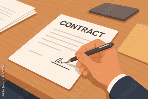 Close-up of a hand signing a contract. Businessman putting signature on legal document with a pen. Concept of business deal, agreement, partnership, employment or finance.