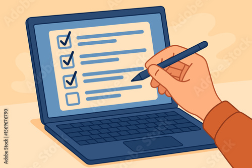 Hand marks tasks on a digital checklist on a laptop. Concept of productivity, task management, business planning, project completion, online survey, to-do list, efficiency.