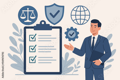 Compliance with regulations and standards concept. Businessman with clipboard checklist presenting corporate policy, rules and legal guidelines. Quality control and governance vector.