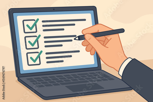 Businessman hand with stylus marking checklist on laptop. Concept of productivity, task management, business planning, digital workflow, project completion and organization.