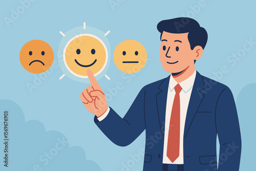 Customer satisfaction concept. Businessman touching virtual screen, choosing a happy face icon. Client giving positive feedback for service quality. Excellent rating and review.