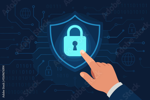 Cybersecurity concept. Hand touches glowing padlock on shield. Data protection, privacy and network security. Secure digital access, internet safety, information encryption.