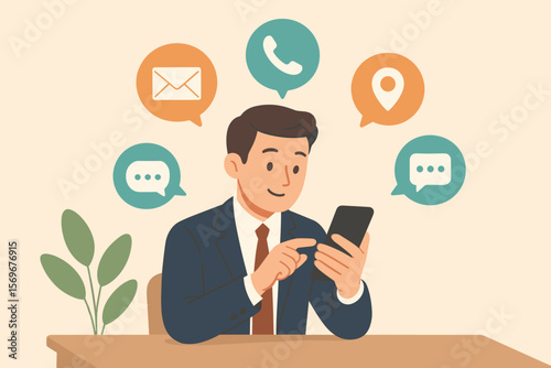 Customer support hotline and contact us concept. Businessman with a smartphone and communication icons for email, call, chat message, and location. Modern flat vector illustration.