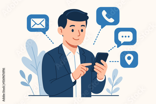 Customer support hotline and contact us concept. Businessman using a smartphone with communication icons for email, phone call, chat message, and physical address location.