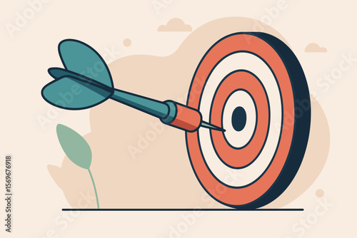 Dart hitting the bullseye on a dartboard. Business goal and success concept. Target achievement, marketing strategy and mission metaphor. Precision and focus. Flat vector banner.