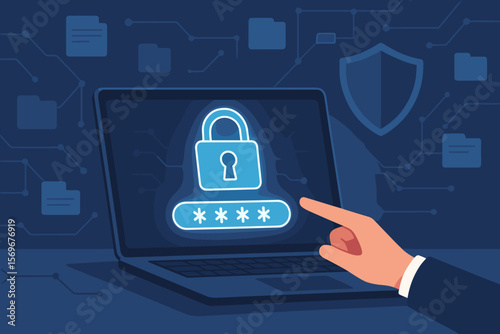 Cybersecurity concept. Hand points to glowing padlock and password field on laptop. Secure online access, data protection, user authentication, and network privacy concept.