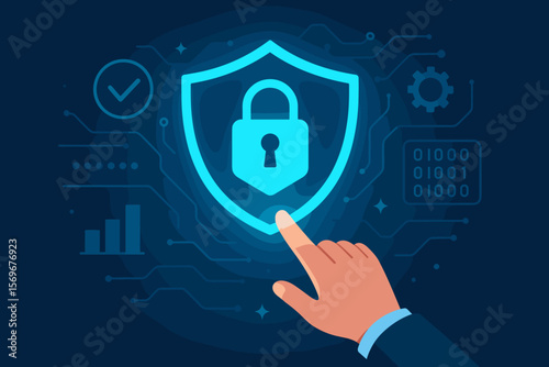 Cybersecurity concept. Hand activates glowing shield and padlock for data protection. Internet security, privacy, encryption technology. Secure digital access and network safety.