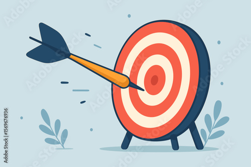 Dart arrow hitting the center of a dartboard. Business success concept. Target and goal achievement. Metaphor for opportunity, marketing strategy, and precision. Flat vector.