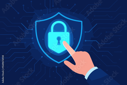 Cybersecurity and internet data protection vector concept. Hand finger touching glowing padlock inside shield icon on circuit board background. Digital privacy and encryption.