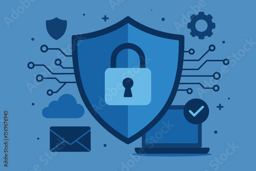 Cybersecurity protection with secure digital shield and lock icon. Concept of data privacy, online security, information protection, vpn, antivirus, encryption, and safe cloud technology.