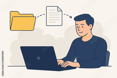 Man at laptop managing file transfer and data synchronization. Concept for cloud storage, internet document exchange, online backup, and document management system or DMS.