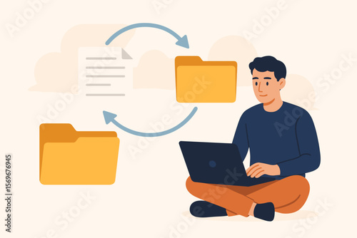 Data sync concept. Man with laptop transfers files between folders. Document management system, backup and restore data. Cloud storage and online file sharing service.