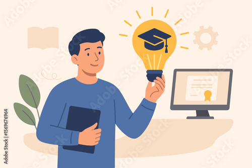 E-learning and online graduation concept. Student holding lightbulb with mortarboard, a metaphor for knowledge and creative ideas. Internet course for degree or certificate.