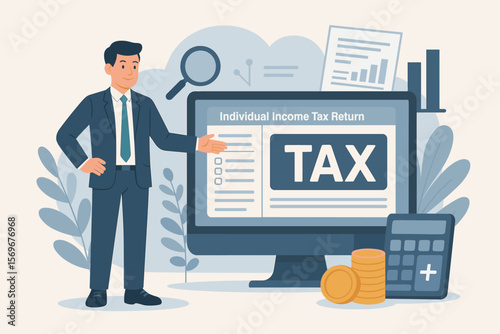 E-tax concept with businessman filing individual income tax return form online. Financial payment service, government state taxes, data analysis, paperwork and accounting.