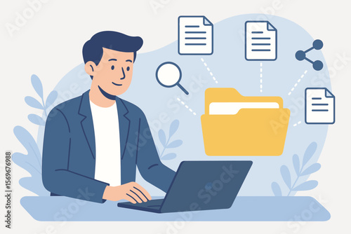 Document management system DMS. Businessman using laptop for digital file management, sharing, searching documents. Cloud data storage, digital transformation, paperless office.