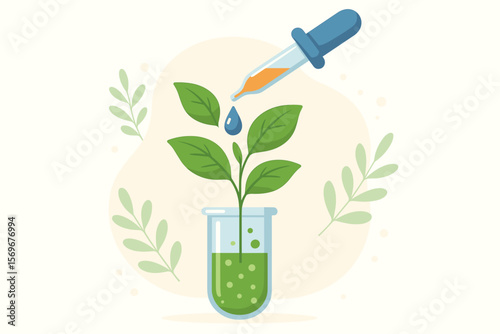 Biotechnology research concept with dropper and plant in test tube. Laboratory experiment for natural herbal extract, cosmetic, or medicine development. Plant science vector.
