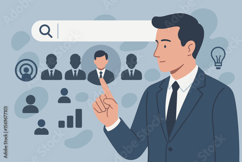 HRM Human Resource Management concept. Manager using search bar to find and select employee. Recruitment, hiring process, talent acquisition and leadership development vector.