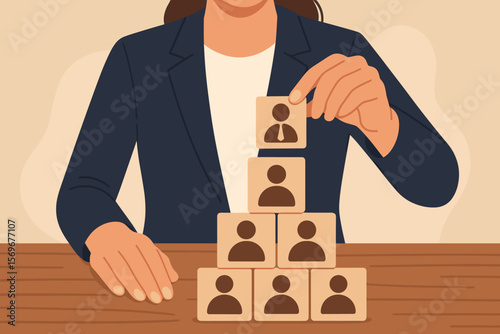 Businesswoman Building Team Structure with Wooden Blocks, Human Resources Management, Corporate Hierarchy, Leadership, Recruitment, Teamwork, Organization Concept Illustration
