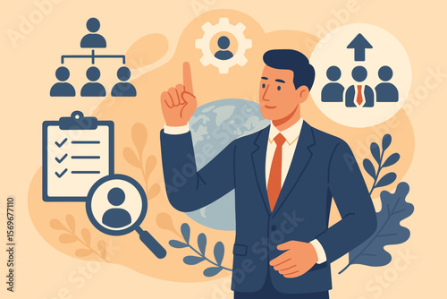 Human resource management, businessman illustrating effective personnel management, recruitment, organizational structure, leadership, team building, CRM, business strategy