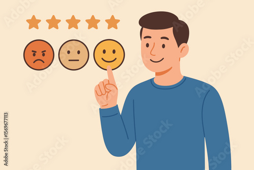 Customer satisfaction survey concept. Man selecting happy smiley face icon for positive feedback rating. Emotions choice, mental health assessment, review experience, happiness.