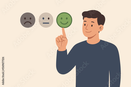 Customer satisfaction survey concept. Man selecting green happy smiley face icon. Positive feedback, rating, review, mental health assessment, emotional experience, user evaluation