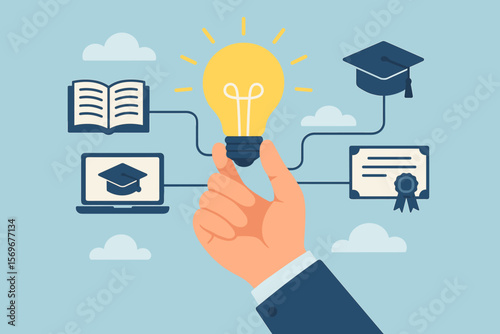 Hand Holding Lightbulb Symbolizing Creative Thinking, E-Learning, Online Education, Knowledge, Graduation, Problem Solving, Innovation, Study, Academic Success, Digital Learning